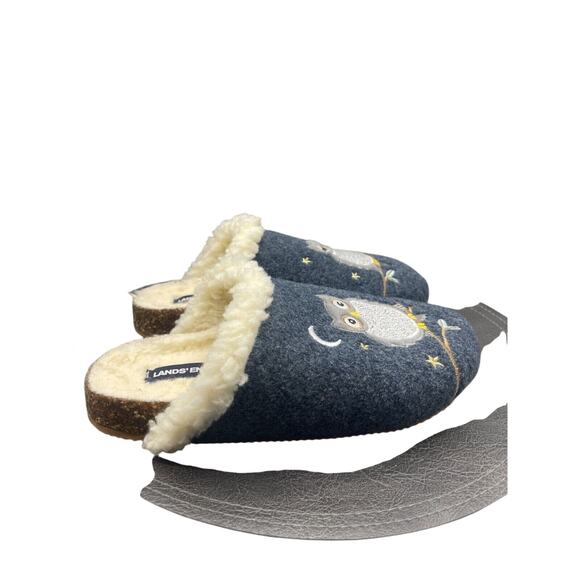Lands End Womens 7 B Scuff Slippers Owls Felt Slip On Slides Clog Navy Sherpa - Picture 4 of 7